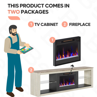 Electric Fireplace TV Stand for 75 Inch Tvs, Fireplace TV Stands for Living Room or Bedroom, LED Entertainment Center with Fireplace, RGB Ambient Lighting, Quick Assembly, Wash White