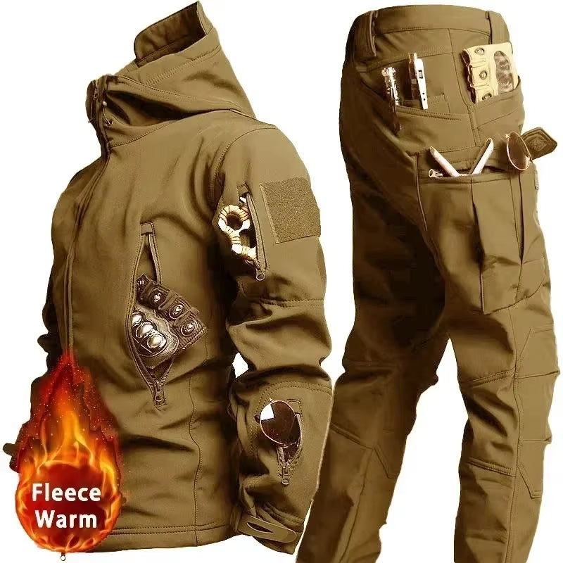 NEW Camo Fleece Warm Sets Winter Soft Shell Tactical Jacket Cargo Pant Outdoor Multi-Pocket Waterproof Hunting Suit