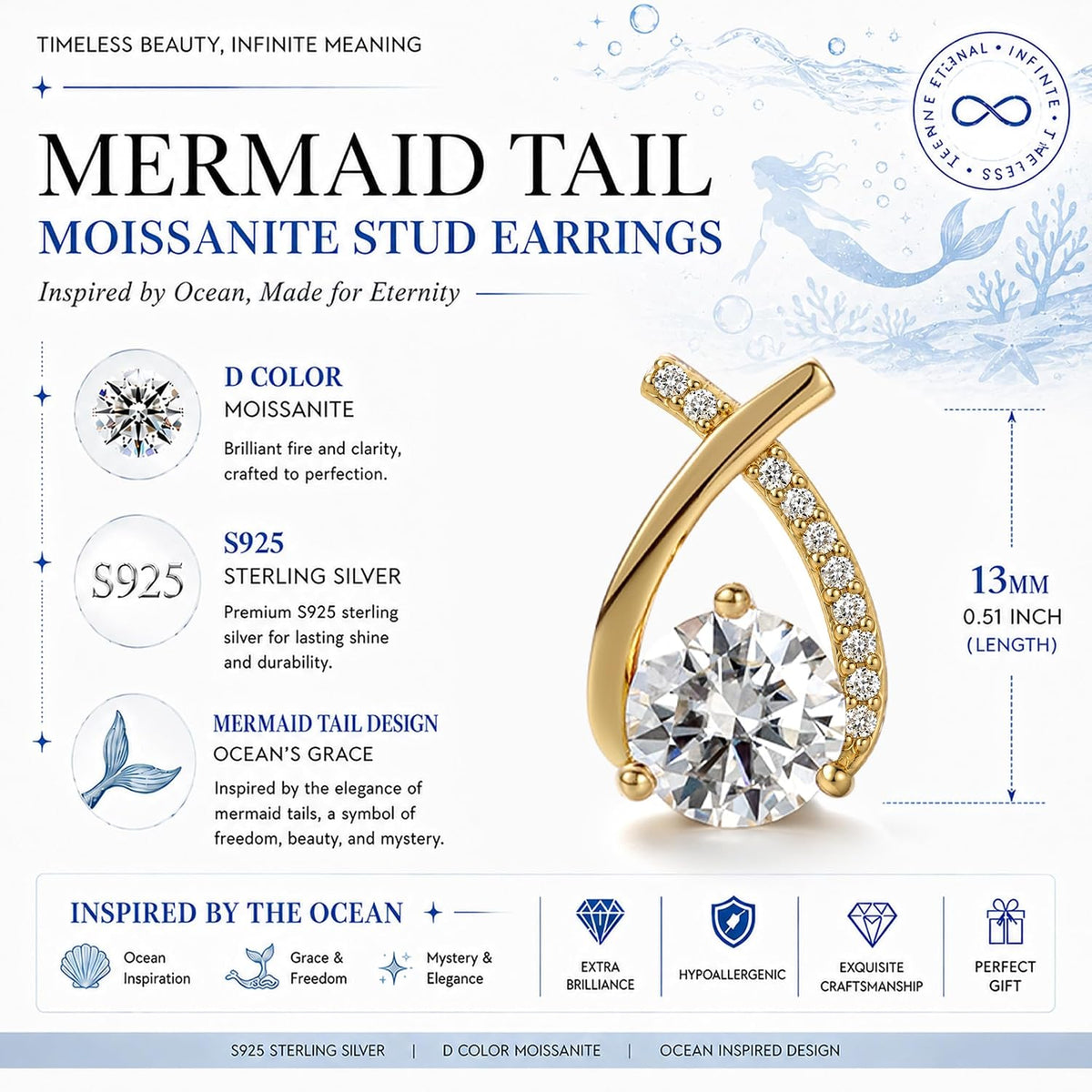 2Ct Moissanite Stud Earrings for Women, Earrings in Crossed Asymmetrical, Mermaid Tail Earrings, D Color VVS1 18K Gold Plated 925 Sterling Silver Hypoallergenic, round Cut Lab Created Diamond for Gift