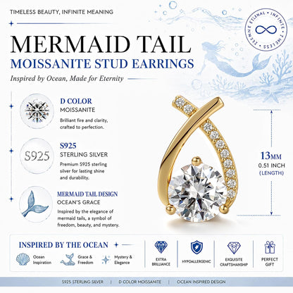 2Ct Moissanite Stud Earrings for Women, Earrings in Crossed Asymmetrical, Mermaid Tail Earrings, D Color VVS1 18K Gold Plated 925 Sterling Silver Hypoallergenic, round Cut Lab Created Diamond for Gift