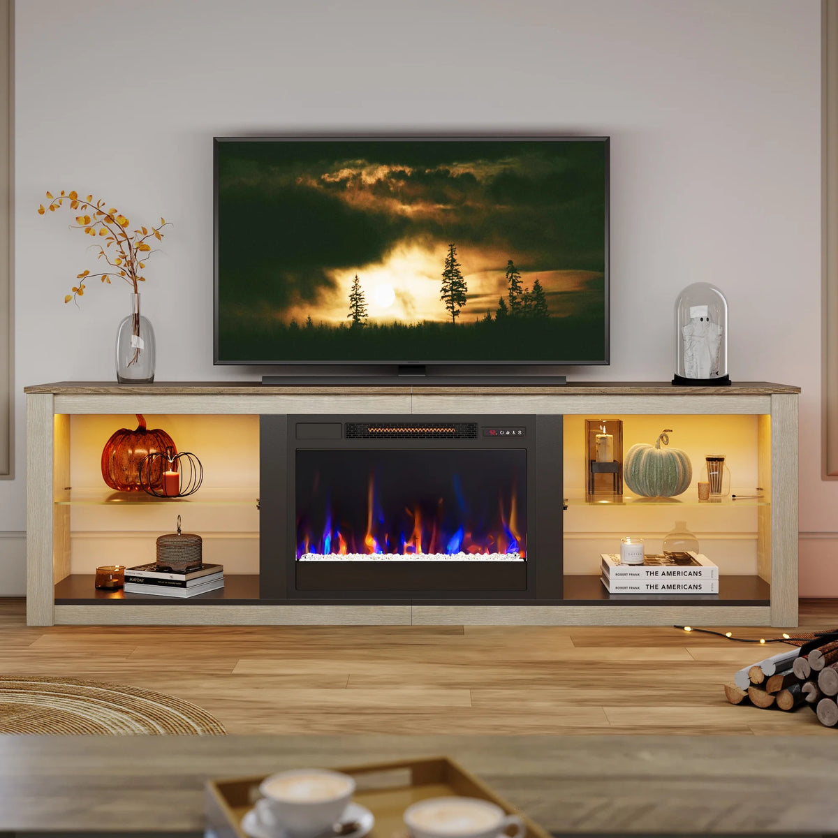 Electric Fireplace TV Stand for 75 Inch Tvs, Fireplace TV Stands for Living Room or Bedroom, LED Entertainment Center with Fireplace, RGB Ambient Lighting, Quick Assembly, Wash White