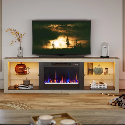 Electric Fireplace TV Stand for 75 Inch Tvs, Fireplace TV Stands for Living Room or Bedroom, LED Entertainment Center with Fireplace, RGB Ambient Lighting, Quick Assembly, Wash White