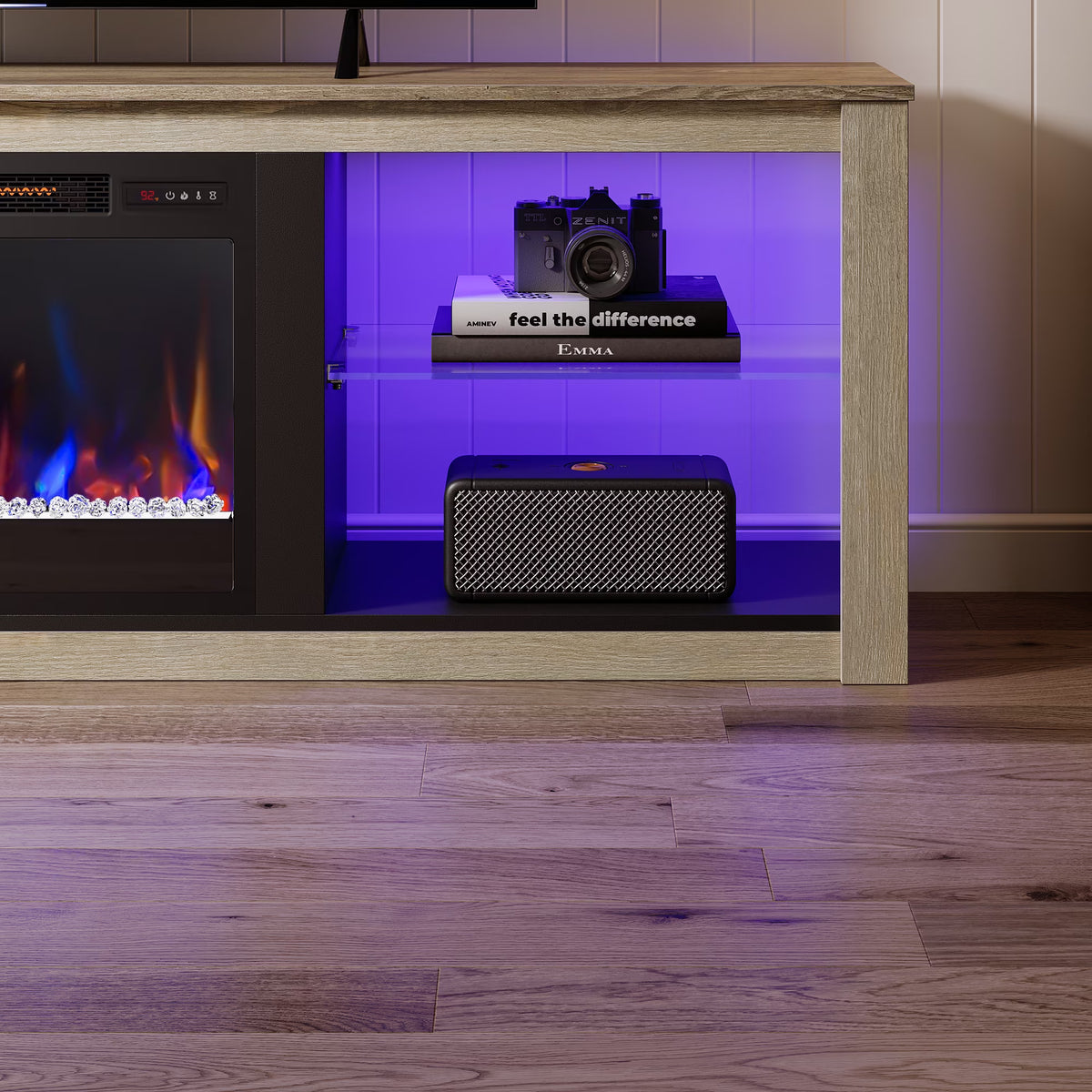 Electric Fireplace TV Stand for 75 Inch Tvs, Fireplace TV Stands for Living Room or Bedroom, LED Entertainment Center with Fireplace, RGB Ambient Lighting, Quick Assembly, Wash White
