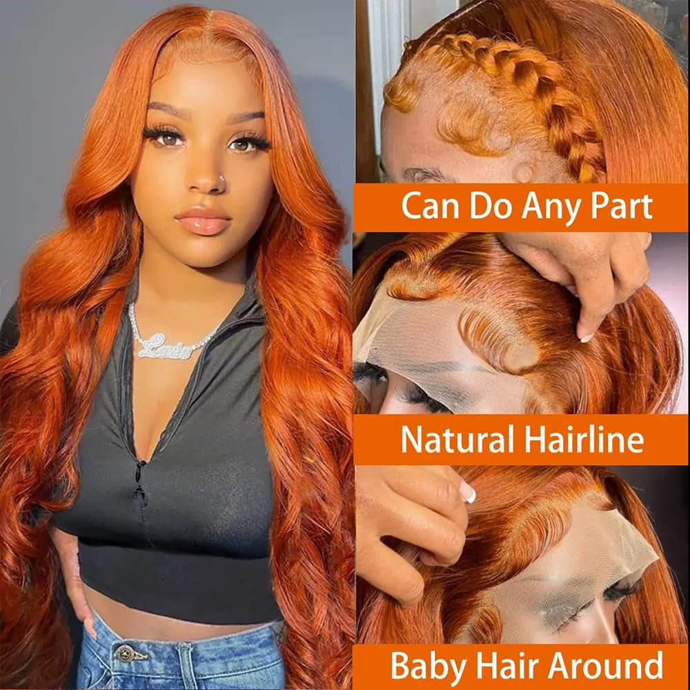26 Inch Ginger Wig Human Hair Body Wave Ginger Orange 13X6 Lace Front Wigs Human Hair Pre Plucked 180 Density 350